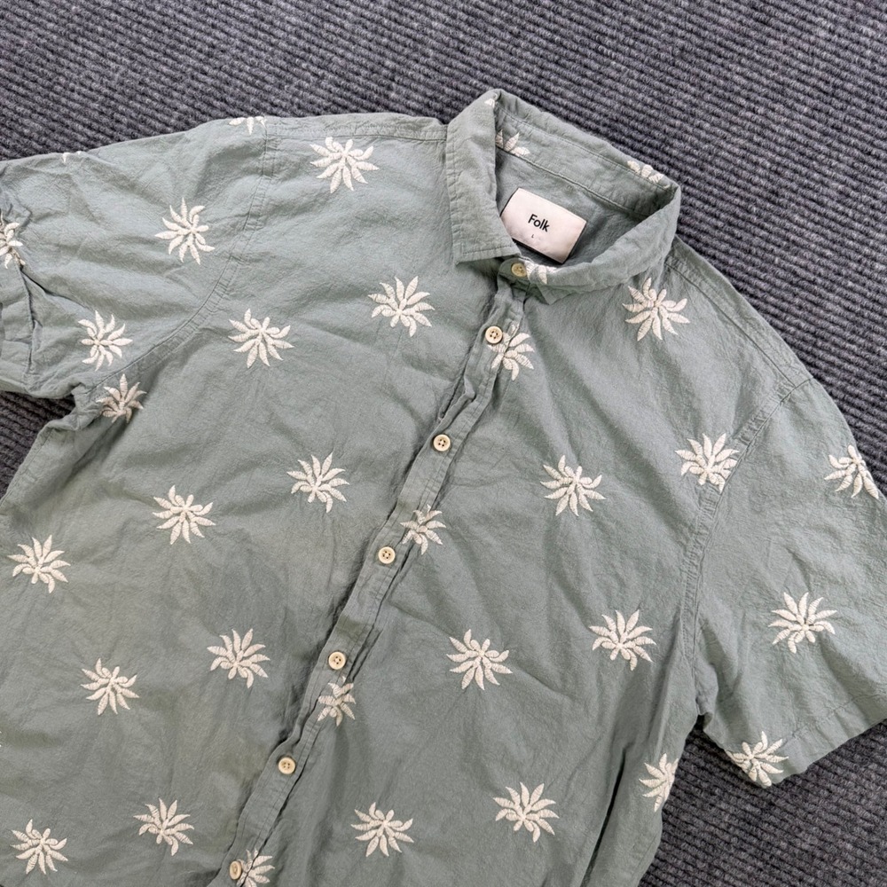 Folk Embroidered Palm Leaf Short Sleeve Button Down Shirt Mens Large Sage Green